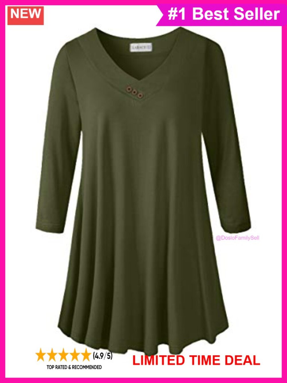 Plus Size 3/4 Sleeve V-Neck Flowy Tunic Top Wrinkle-Resistant Rayon Blend